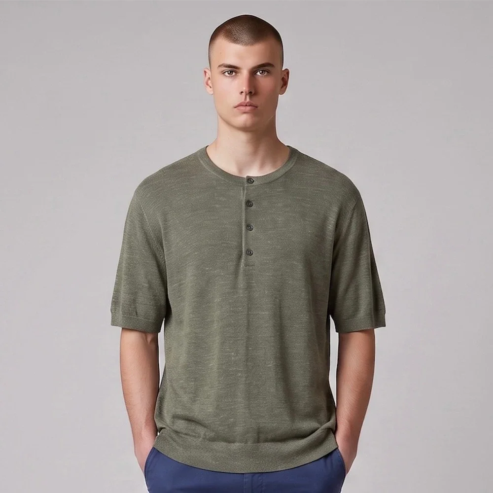 Banana Republic Lightweight Merino-Linen Henley Shirt Olive Green Men's L Tall